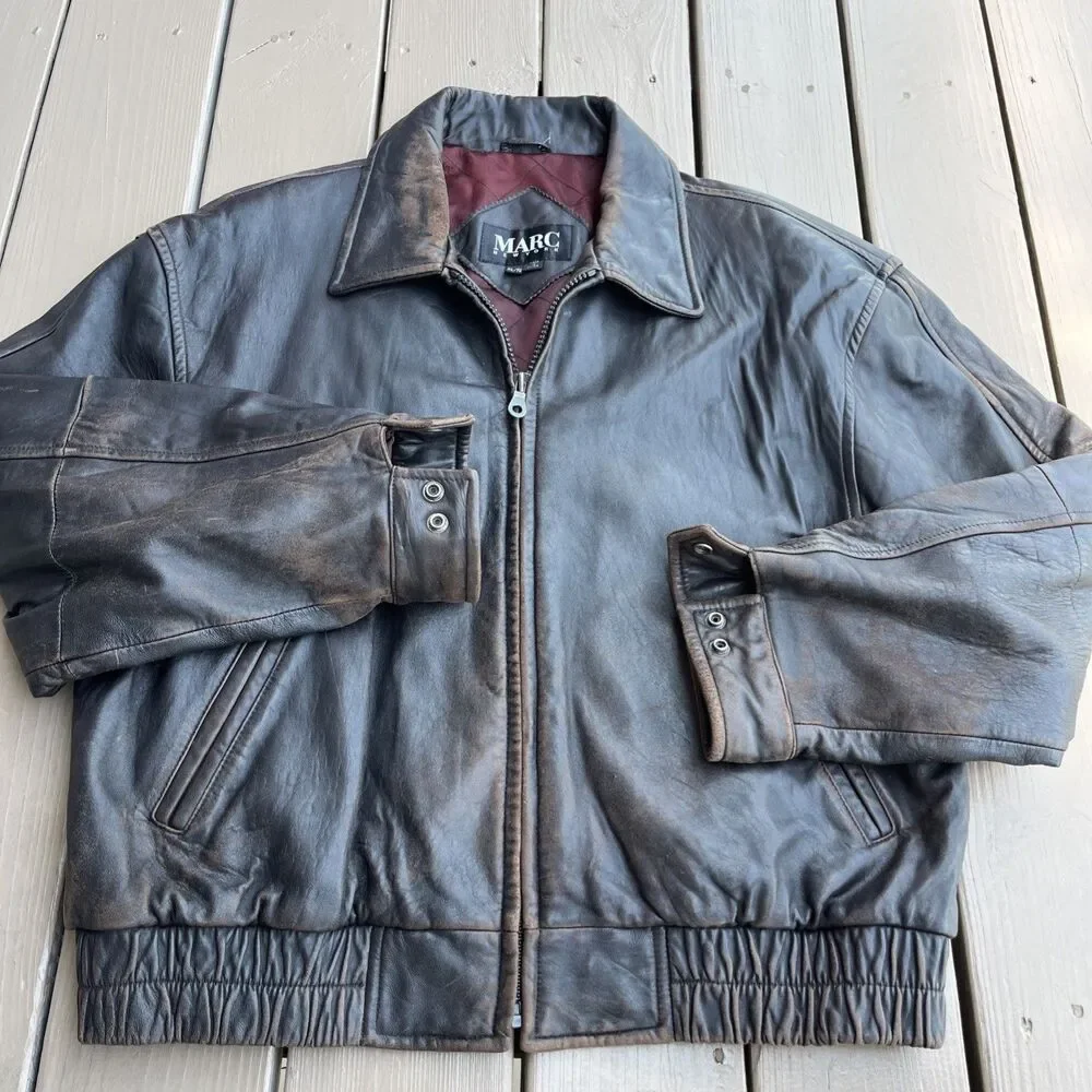 MARC New York Andrew Marc Vintage 1980's Bomber Leather Jacket Brown Size XL